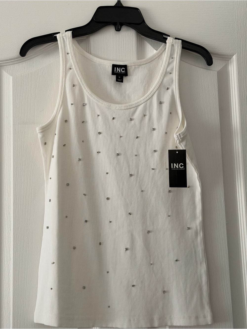 I.N.C. White Rhinestone Ribbed Tank Top Size Medium